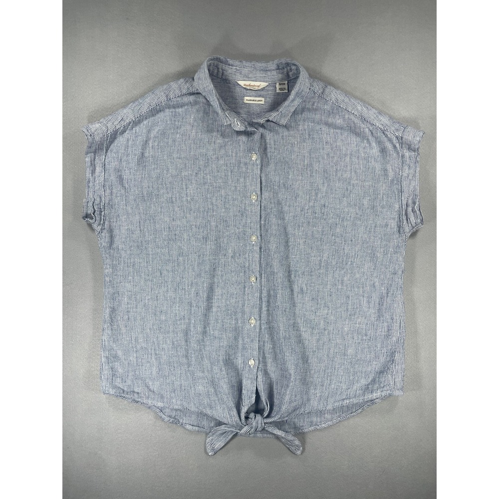 Weatherproof Vintage Blue Pinstripe Linen Blend Tie Front Shirt - S